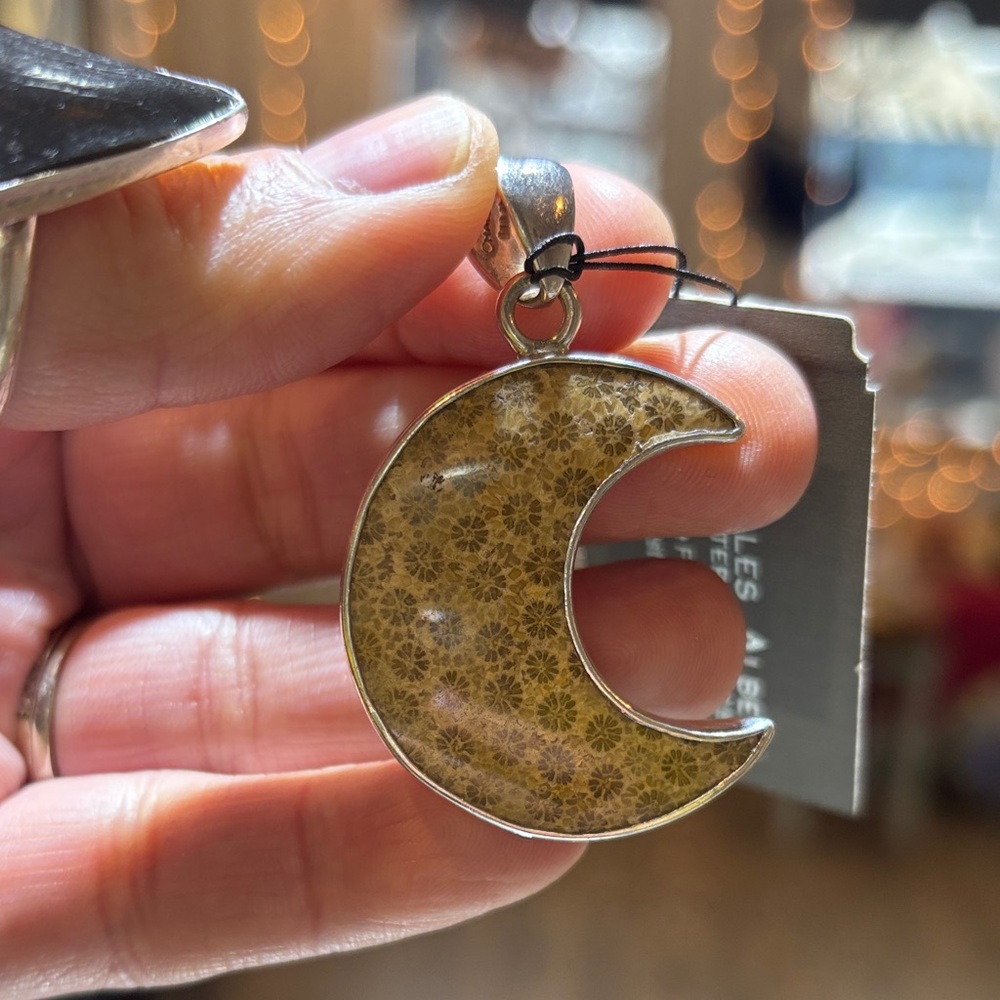 Fossilized Coral Crescent Moon Pendant